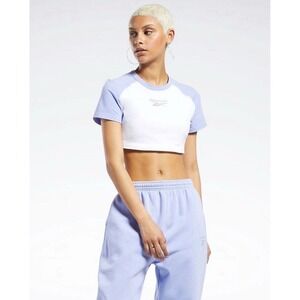 Reebok Classics Crop Sparkle T-Shirt in White / Lilac Glow Size Large